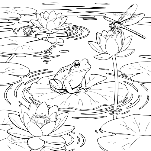 Ein realistischer Frosch sitzt auf einem Seerosenblatt im Teich, umgeben von Seerosen und einer Libelle auf einer Blüte.