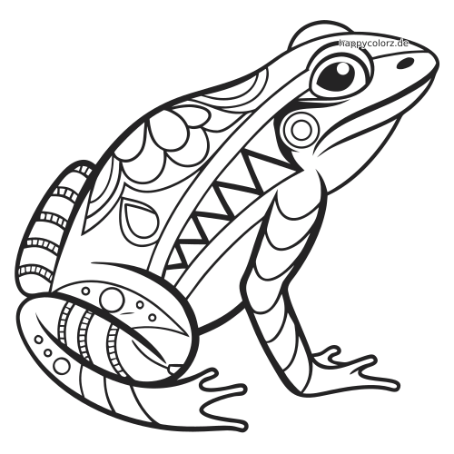 Ein schwarz-weißer Zentangle-Frosch in Seitenansicht mit gemusterten Körperflächen, großem Auge und dekorativen Beinen.