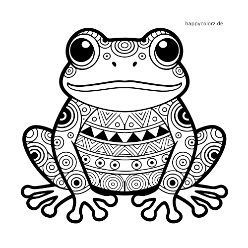 Ein schwarz-weißer Zentangle-Frosch in Vorderansicht mit großen runden Augen sowie kreisförmigen und geometrischen Mustern.