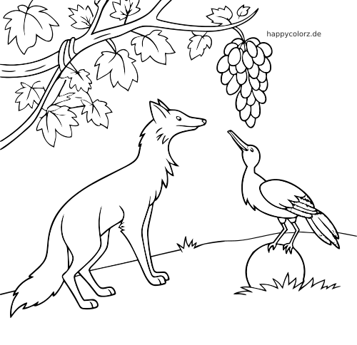 Einfache Linienzeichnung mit einem Fuchs und einem Storch unter einem Weinstock, die zu einer hängenden Traube hinaufschauen.