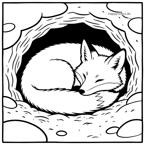 Schwarz-weiße Nahaufnahme eines schlafenden Fuchses, der zusammengerollt in einem Fuchsbau liegt, mit Steinen am Eingang.