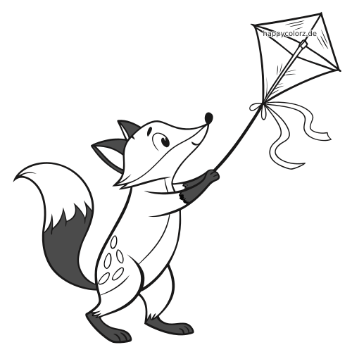 Ein Fuchs mit dunklen Fellzeichnungen hält die Schnur eines Drachens und blickt zu dem detaillierten Drachen nach oben.