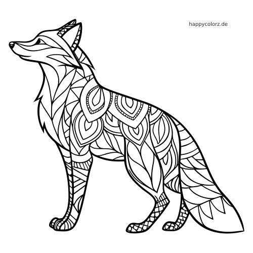Ein stehender Fuchs im Seitenprofil mit großen, blattartigen Zentangle-Mustern und klaren schwarzen Konturen.