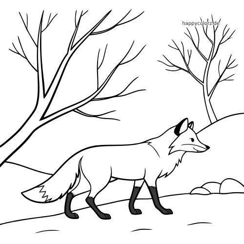 Ein Fuchs läuft durch einen verschneiten Wald mit kahlen Bäumen, dargestellt als einfache Schwarz-Weiß-Linienzeichnung.