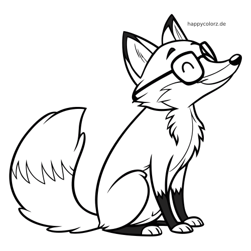 Ein lächelnder Fuchs sitzt aufrecht und trägt eine große Brille, gezeichnet als einfache schwarz-weiße Umrisszeichnung.