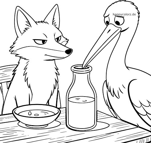Schwarz-weiße Zeichnung von einem Fuchs und einem Storch am Tisch; der Storch trinkt aus einer hohen Flasche neben einer flachen Schale.