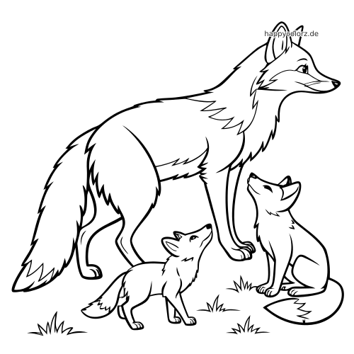 Schwarz-weiße Linienzeichnung einer Fuchsfamilie mit einem erwachsenen Fuchs und zwei Jungfüchsen auf grasigem Boden.