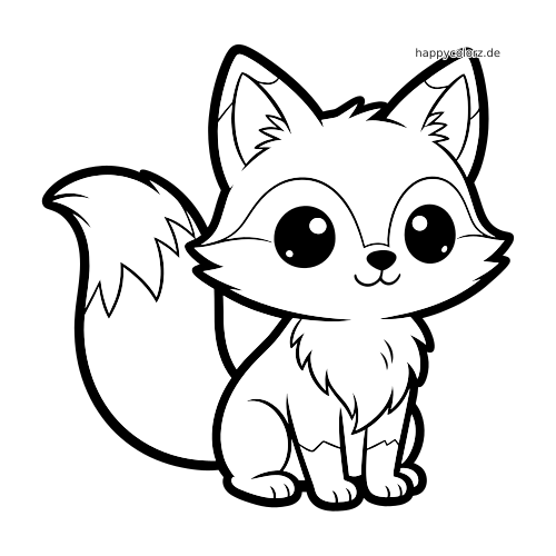 Ein sitzender Kawaii-Fuchs mit sehr großen runden Augen, buschigem Schwanz und einfacher Cartoon-Linienzeichnung.