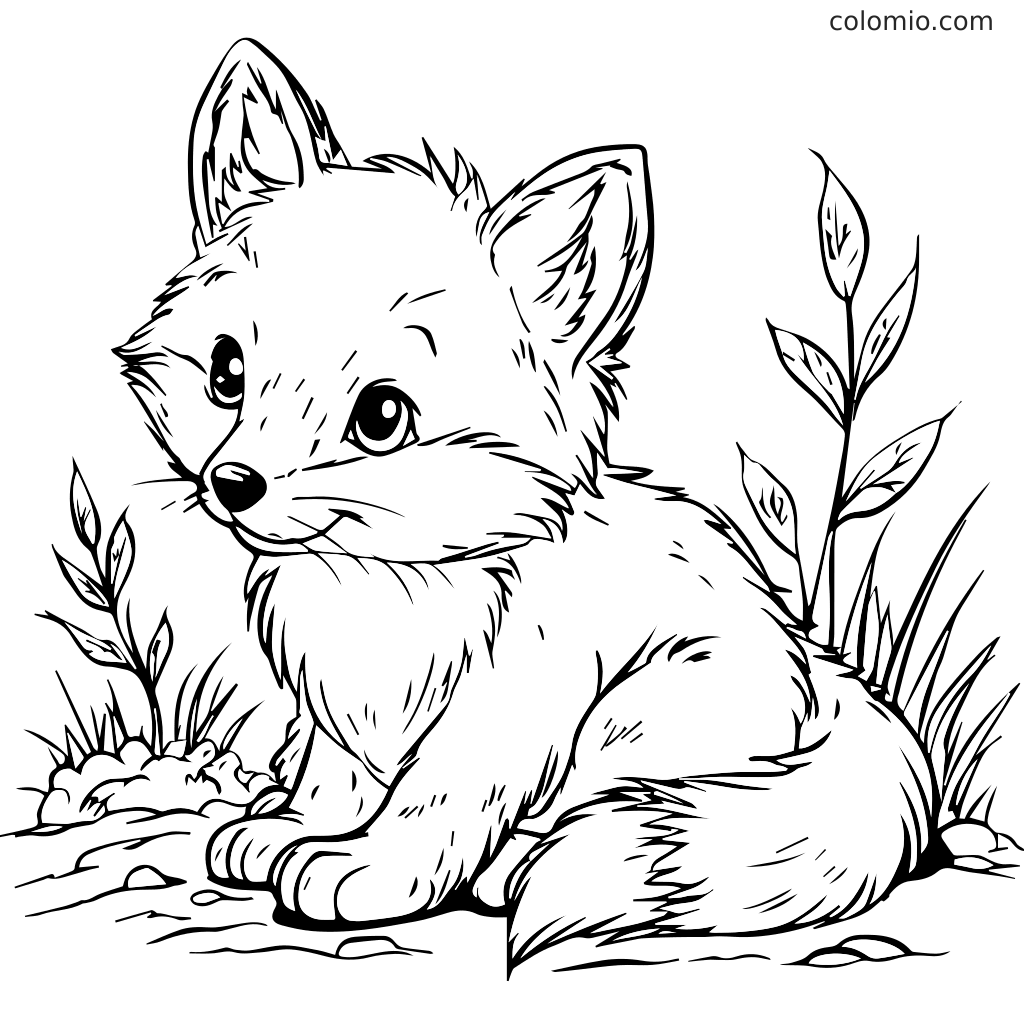 Ein niedlicher Babyfuchs, der zwischen Gras und Pflanzen sitzt, umrandet zum Ausmalen.