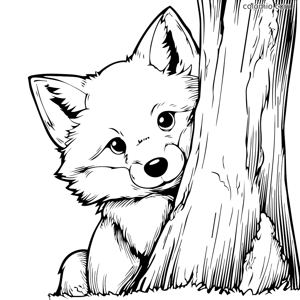 Ein verspielter Fuchs, der hinter einem Baum hervorschaut, perfekt zum Ausmalen.