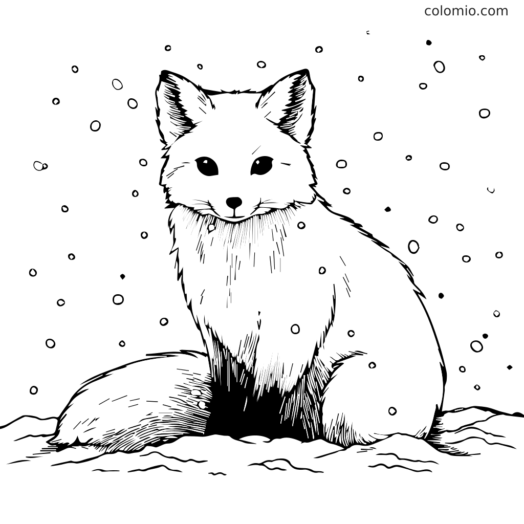 Eine detaillierte Ausmalseite mit einem niedlichen Fuchs, der im Schnee sitzt, umgeben von fallenden Schneeflocken.