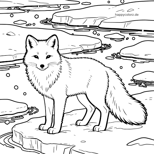 Ein Polarfuchs steht auf einer Eisscholle an einer eisigen Küste, umgeben von Wasser und treibenden Eisflächen.