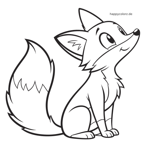 Ein sitzender Cartoon-Fuchs mit großem buschigem Schwanz, großen Augen und klaren, dicken Konturen zum einfachen Ausmalen.