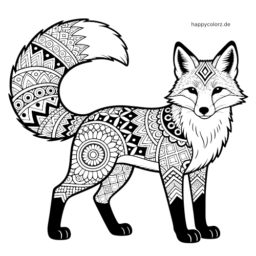 Ein Fuchs in Vorderansicht mit großem, geschwungenem Schwanz und dichtem Zentangle-Muster aus Kreisen und geometrischen Formen.