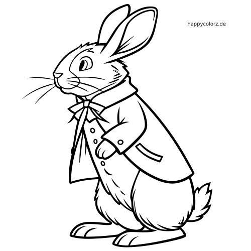 Ein stehender Hase im Jackett mit Schleife, gezeichnet im schlichten Stil mit klaren schwarzen Umrissen.