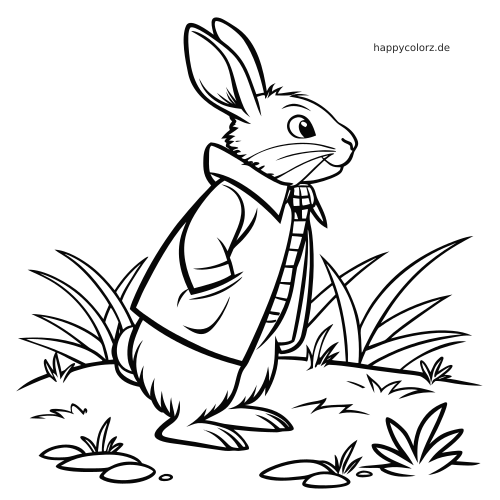 Ein Hase mit Jacke und gestreiftem Schal steht zwischen Gras und Pflanzen in einer Gartenlandschaft als Linienzeichnung.
