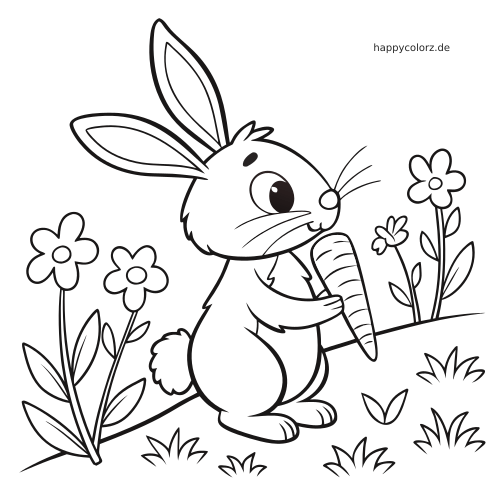 Ein Hase steht in einem Frühlingsgarten und hält eine Karotte, umgeben von Blumen und kleinen Grasbüscheln.