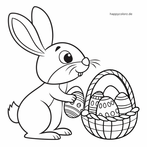 Ein Osterhase steht neben einem geflochtenen Korb mit gemusterten Ostereiern in einer einfachen schwarz-weißen Umrisszeichnung.