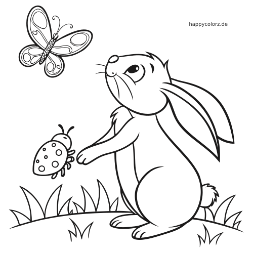 Ein stehender Hase streckt die Pfote zu einem Marienkäfer aus und blickt nach oben zu einem Schmetterling.