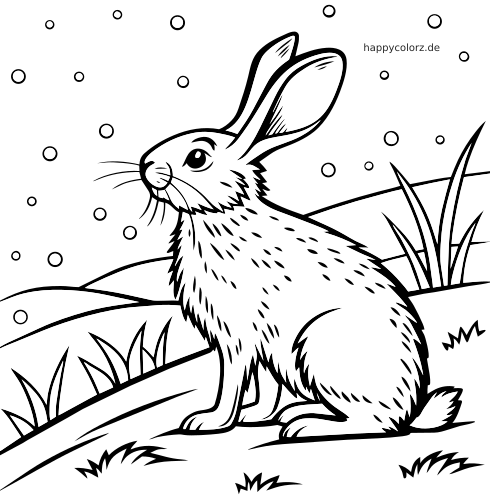 Ein detailreich gezeichneter Hase sitzt draußen im fallenden Schnee, mit verschneiten Hügeln und hohem Gras im Hintergrund.
