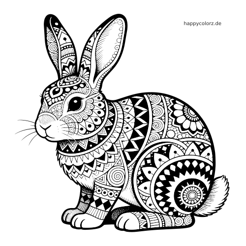 Ein seitlich sitzender Hase mit langen Ohren, dessen Körper mit detailreichen Zentangle-Mustern und dekorativen Linien gefüllt ist.