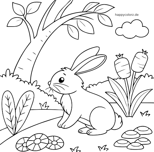 Ein einfacher Hase sitzt in einem Frühlingsgarten mit Baum, Büschen, Karotten, Blättern, Blumen und Steinen.