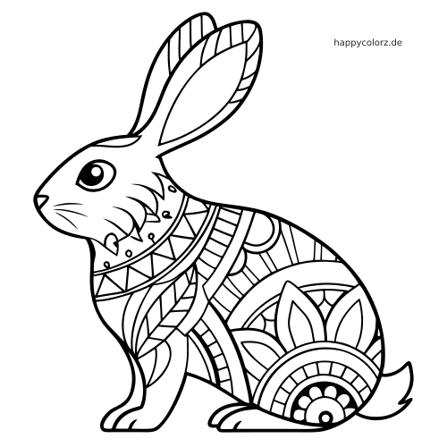 Seitenansicht eines sitzenden Hasen mit einfachen Zentangle-Mustern, klaren dicken Konturen und offenen Flächen zum Ausmalen.