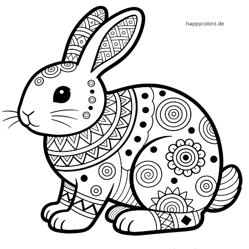 Schwarz-weißer Zentangle-Hase in Seitenansicht, sitzend mit Blumenmustern, Punkten, Spiralen und gemusterten Ohren.