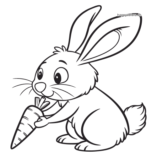 Ein flauschiger Hase in Seitenansicht hält eine Karotte in den Pfoten, mit großen Ohren und buschigem Schwanz.