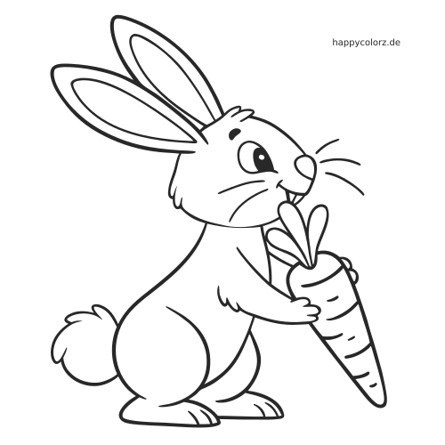 Ein aufrecht stehender Cartoon-Hase umarmt eine große Karotte, gezeichnet mit einfachen, kräftigen Umrissen.