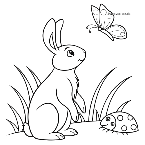Ein Hase sitzt im Gras und blickt zu einem Schmetterling nach oben, daneben ist ein Marienkäfer zu sehen.