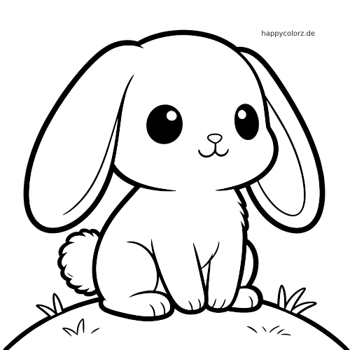 Ein Kawaii-Kaninchen mit langen Schlappohren sitzt auf einem kleinen Grashügel in einer einfachen schwarz-weißen Umrisszeichnung.
