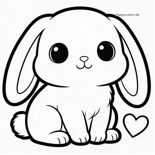 Ein Kawaii-Kaninchen mit langen Schlappohren sitzt neben einem Herz in einer einfachen schwarz-weißen Umrisszeichnung.