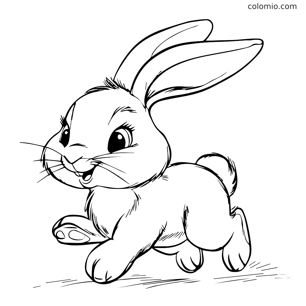 Niedliche Hasenmalvorlage für Kinder Ein verspielter Hase läuft mit einem fröhlichen Gesichtsausdruck, perfekt zum Ausmalen.