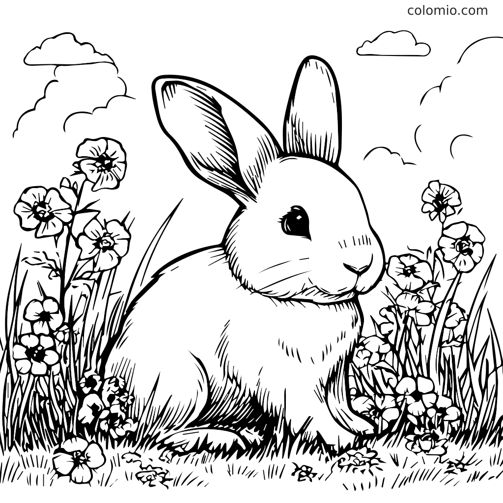 Eine detaillierte Malvorlage mit einem niedlichen Kaninchen, das in einem Blumenfeld sitzt, mit Wolken im Hintergrund.