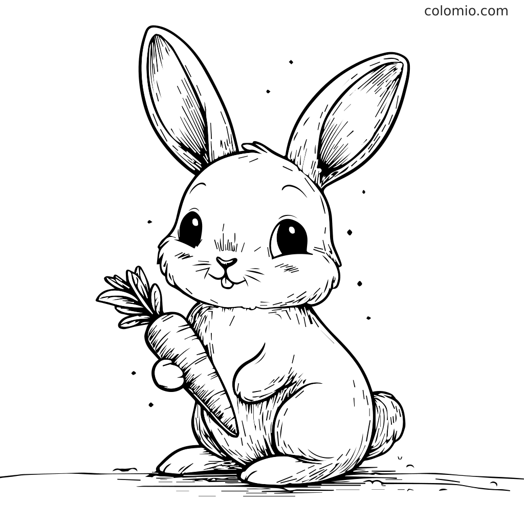 Ein niedlicher Hase mit großen Ohren, der eine Karotte hält, zum Ausmalen.