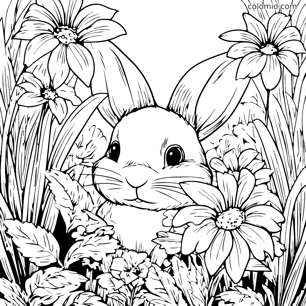 Ein niedlicher Hase, der durch Blumen und Blätter schaut