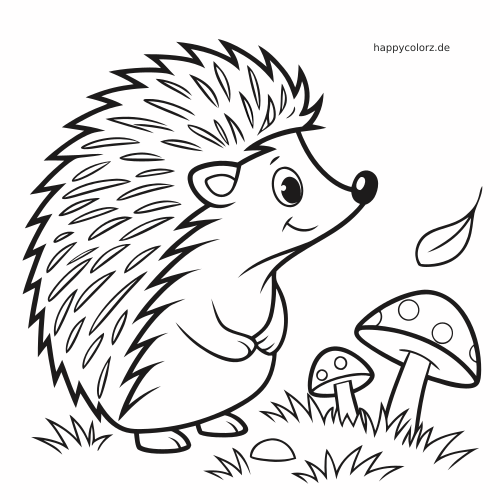 Ein lächelnder Igel steht aufrecht neben zwei Pilzen und einem fallenden Blatt, gezeichnet im einfachen Comicstil.