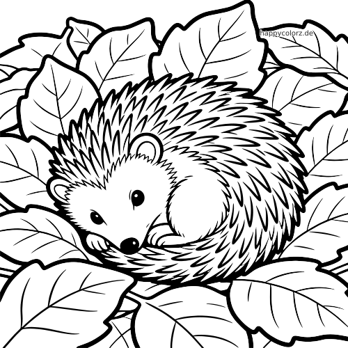 Ein detaillierter Igel liegt zusammengerollt in einem großen Blätterhaufen, als Schwarz-Weiß-Linienzeichnung aus der Nähe.