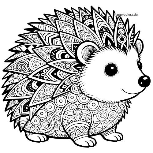 Nahaufnahme eines lächelnden Igels mit großen Augen, markanten Stacheln und vielen detailreichen Zentangle-Mustern.