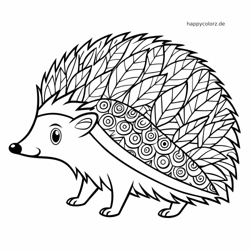 Ein Igel in Seitenansicht mit einfachen Zentangle-Mustern aus Blättern und Spiralen auf Rücken und Stacheln.