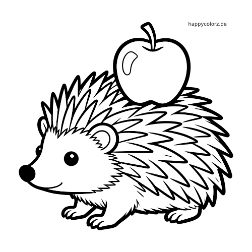 Ein einfacher Igel in Seitenansicht trägt einen großen Apfel auf seinen Stacheln, gezeichnet mit dicken schwarzen Umrissen.