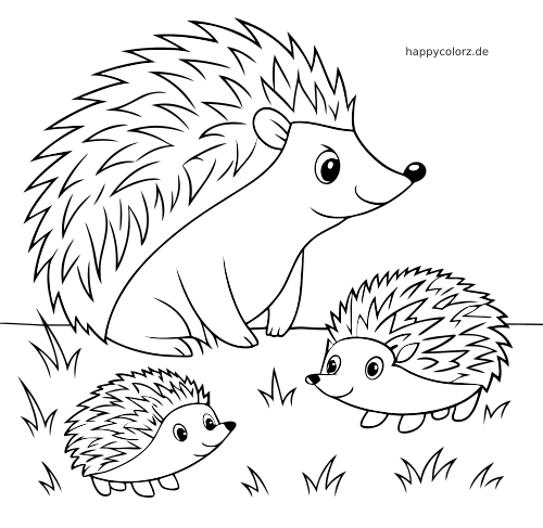 Eine Igel-Familie mit einem großen Igel und zwei kleinen Igeln steht im Gras, gezeichnet im einfachen Comicstil.