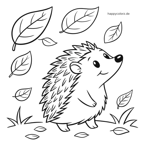Ein Igel steht zwischen fallenden Herbstblättern und Gras in einer einfachen schwarz-weißen Umrisszeichnung.
