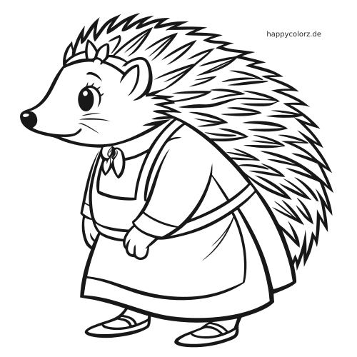 Cartoon-Igel in Nahaufnahme mit Schürze, Kleid und Schleife auf dem Kopf, stehend mit deutlich gezeichneten Stacheln.