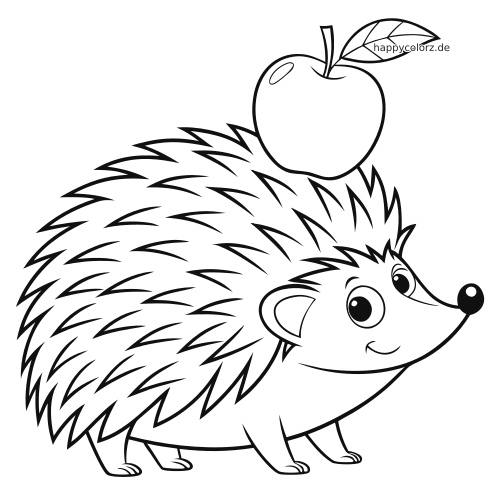 Ein Igel im Comicstil mit großen Augen trägt einen Apfel mit Blatt auf seinen Stacheln als schwarze Umrisszeichnung.
