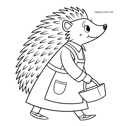 Ein Igel in Seitenansicht trägt eine Schürze über einem Kleid und läuft mit einem kleinen Korb in der Hand.