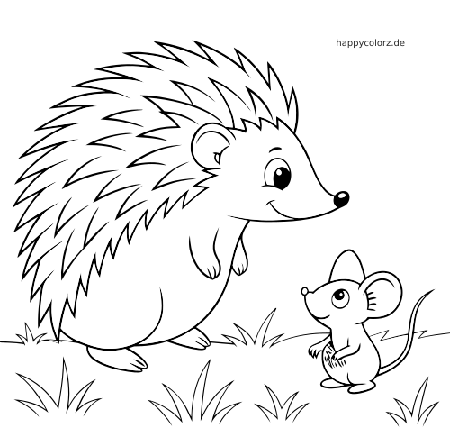 Ein lächelnder Igel schaut eine kleine Maus im Gras an, gezeichnet mit einfachen, kräftigen Umrisslinien.