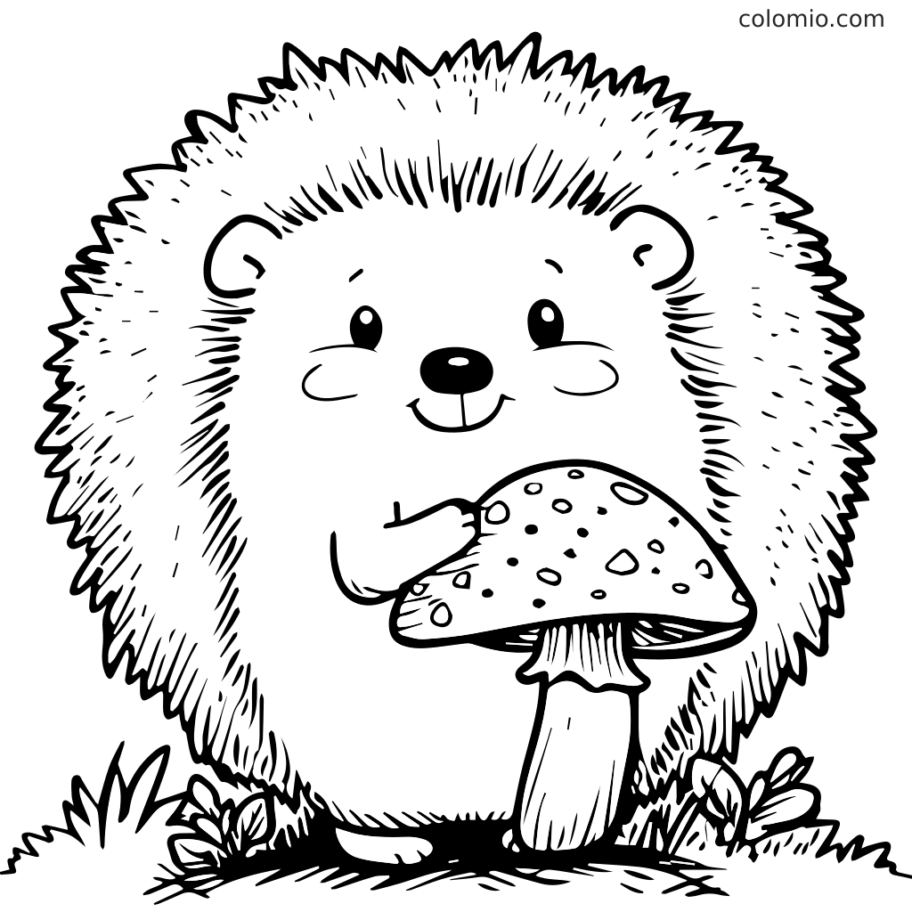 Niedlicher Igel mit einem Pilz Malvorlage Ein niedlicher Igel steht neben einem Pilz in einem Garten, perfekt zum Ausmalen.