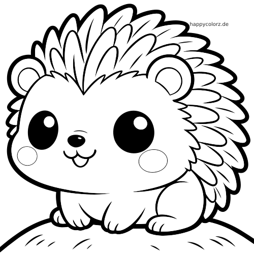 Ein Chibi-Igel sitzt auf einem kleinen Hügel und hat große Augen, runde Wangen und weiche, geschichtete Stacheln.